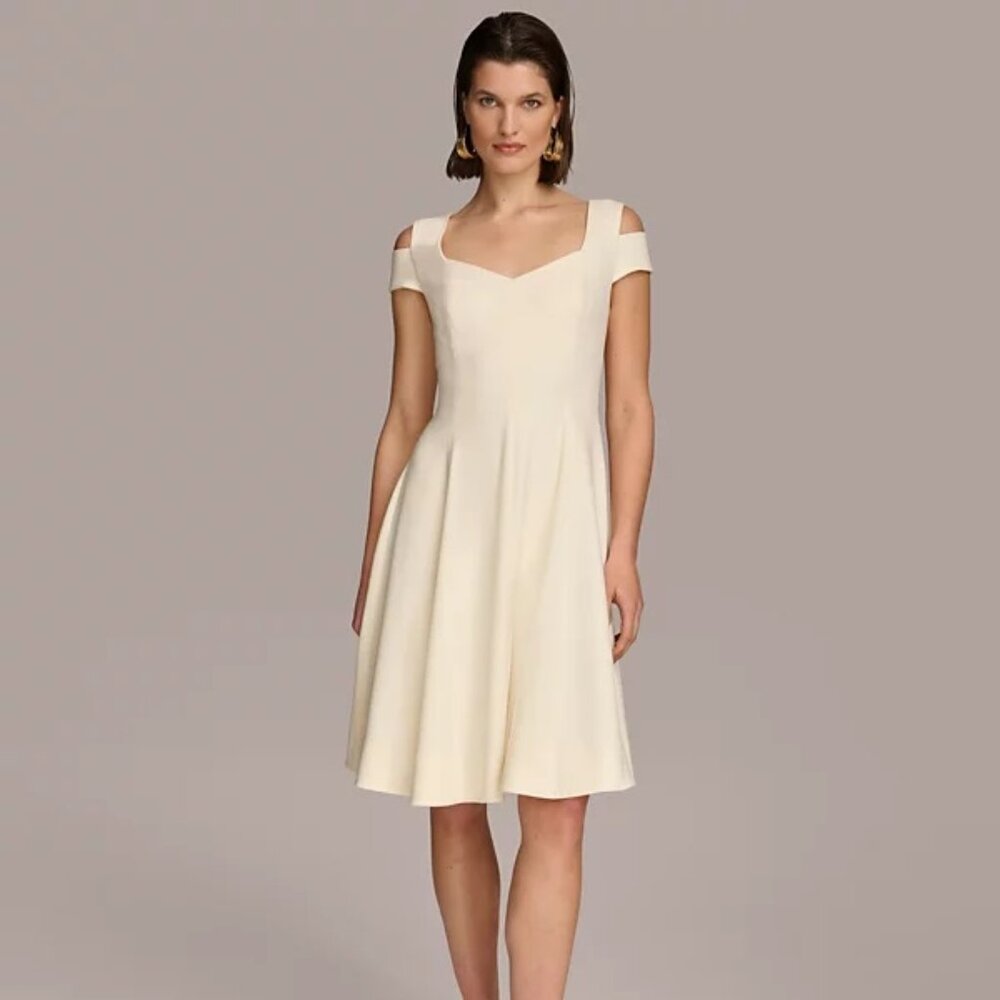 Donna Karan Women's Cold-Shoulder Fit & Flare Dress Cream Size 10